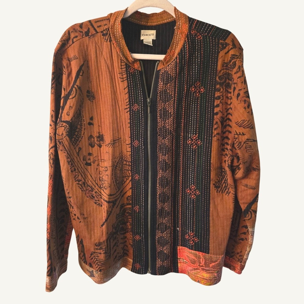 Vintage Chicos Kantha Style Embroider Cotton Zip Jacket Orange Brown XL 90 Artsy